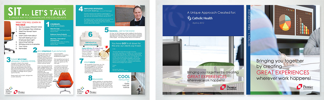 Prentice Office Environments graphic design, collateral, binder, proposals